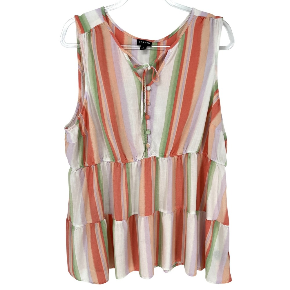 Torrid Sleeveless Tiered Babydoll Top 3 3X Pastel Stripe Rayon Boho Peplum Flaw